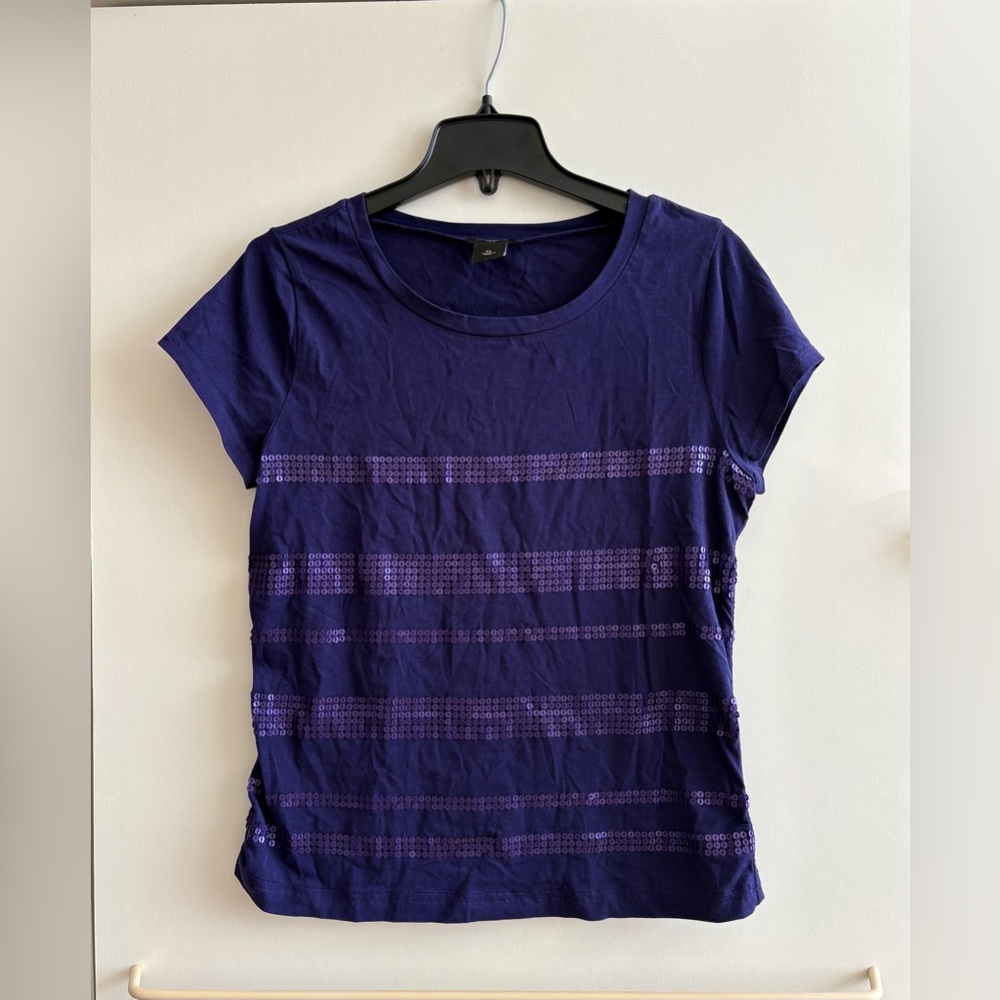 Ann Taylor Deep Purple Sequins Short Sleeve Tee Top XS 0 2 cotton